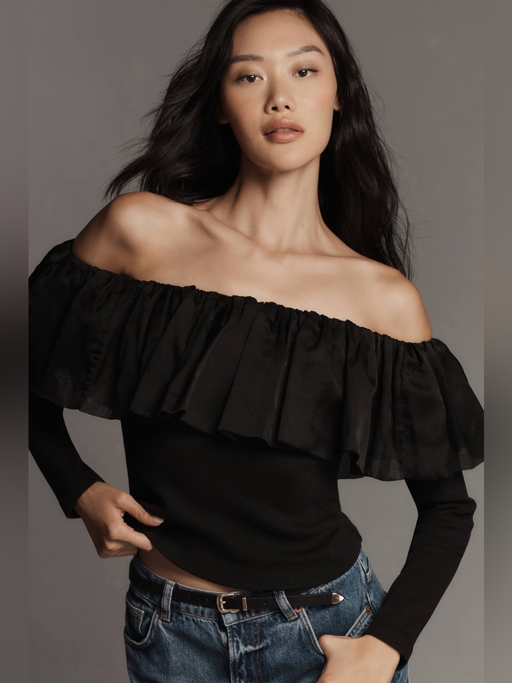 Anthropologie Off the Shoulder Organza Black Ruffle Knit Top Size Small
